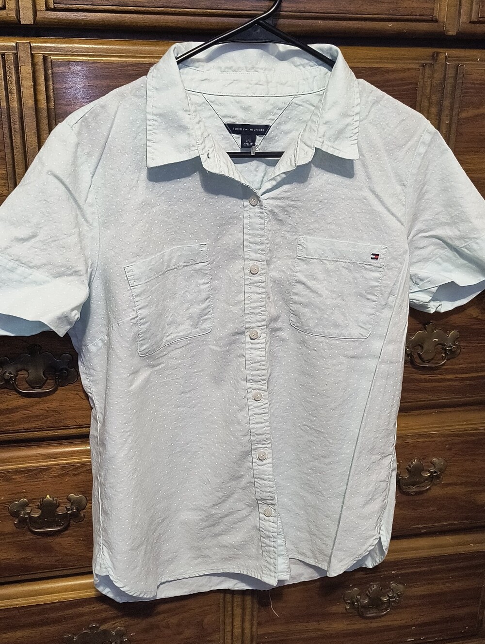 Tommy Hilfiger Women's Light Blue Short-Sleeve Button-Down Shirt Size L